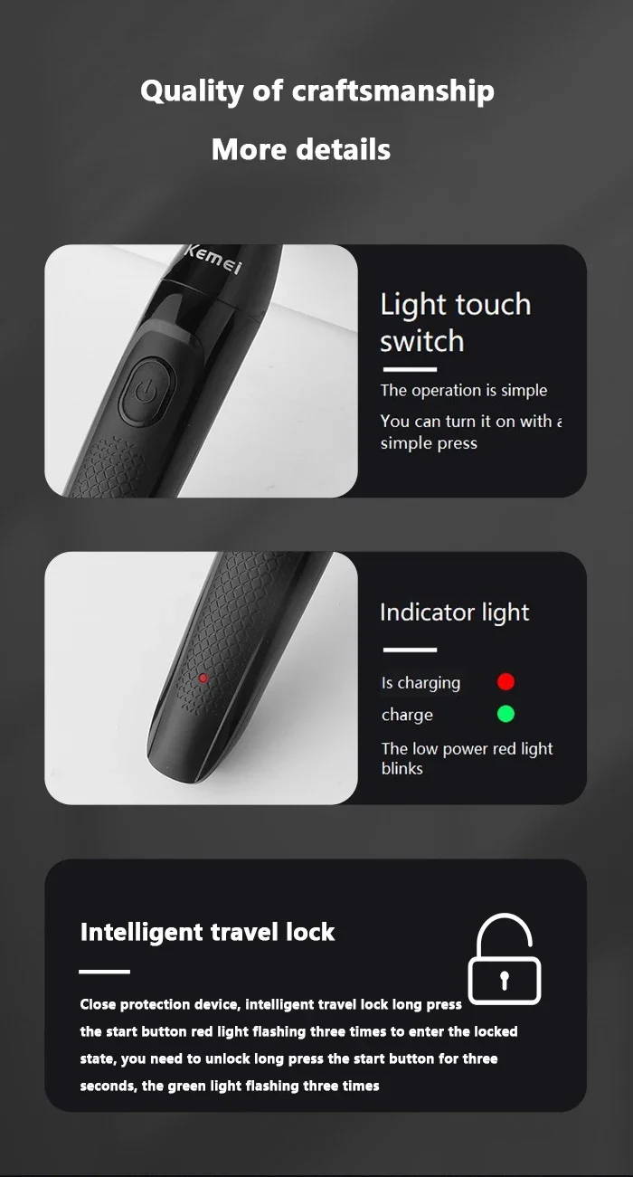 Kemei 3-in-1-Elektrorasierer für Herren, wiederaufladbarer Bartschneider, Nasen- und Ohrhaarschneider, kabelloser Rasierer für Familienreisen – Detail 2
