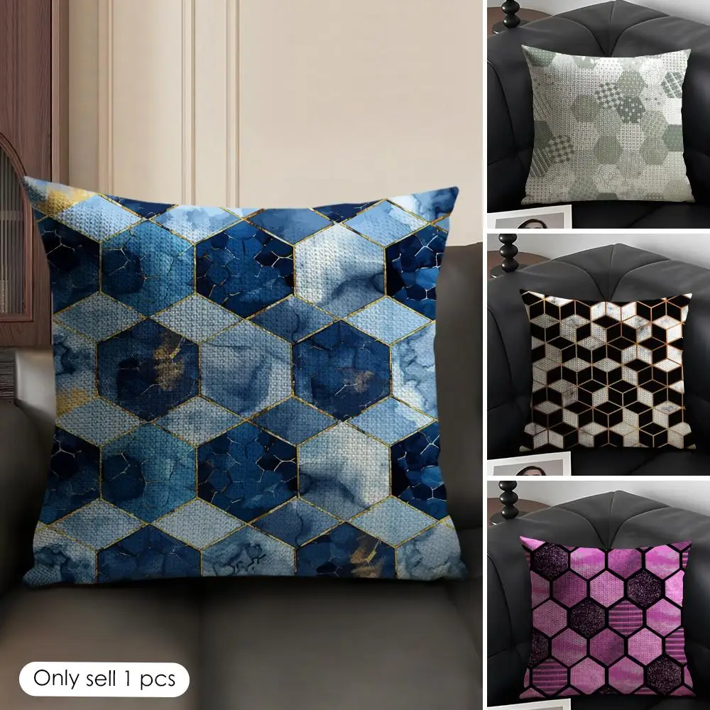 Hexagon Marble  Pattern Cushion Cover Natural Linen Organic Fabric Double-Sided Printing Breathable Perfect Gift for Decor