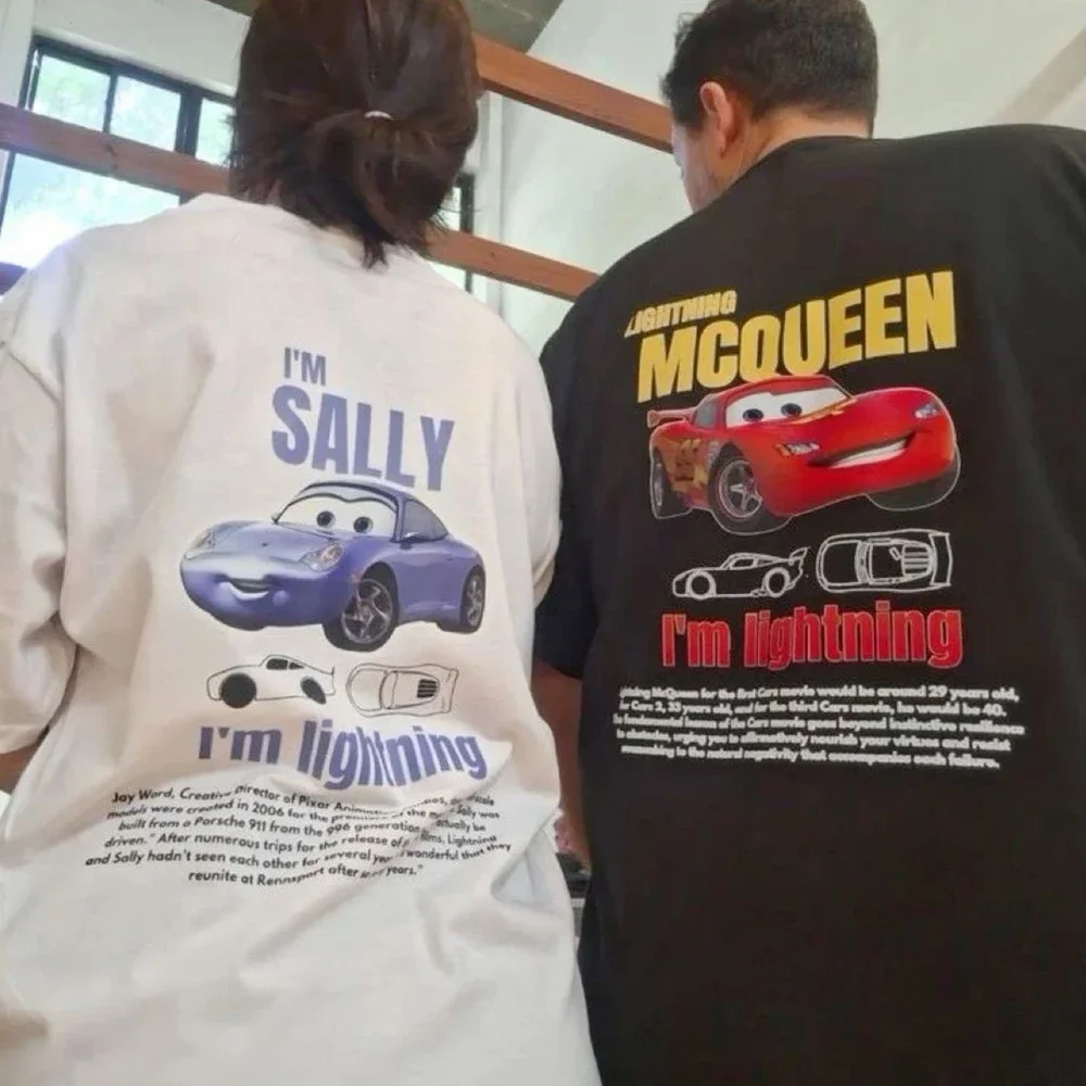 

Disney Fun Lightning Mcqueen and Sally T Shirt for Couples Mcqueen Sally T-shirts Double-sided Print Tee for Men Women Tops