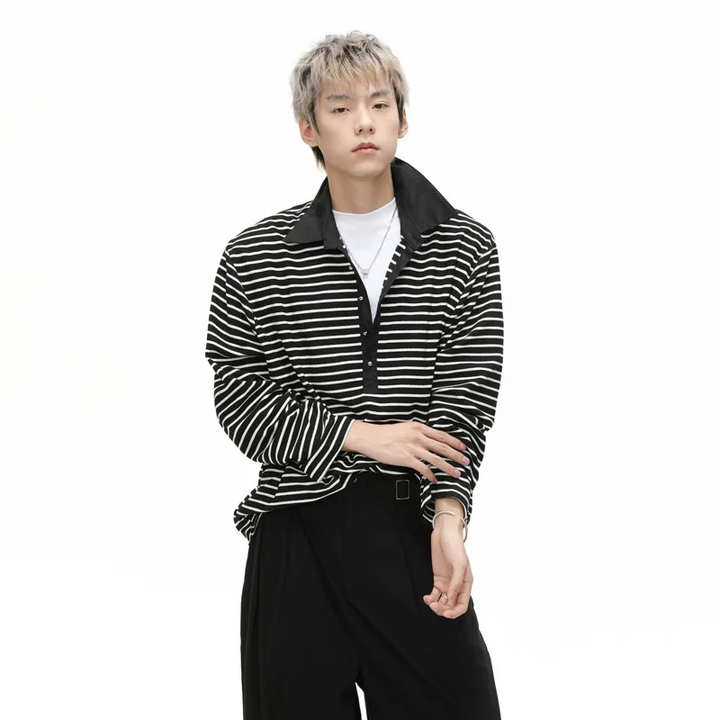 

SYUHGFA Men's Polo T-shirts Lapel Contract Color Striped 2025 Autumn Korean Style Pullover Tees Long Sleeved Loose Male Tops