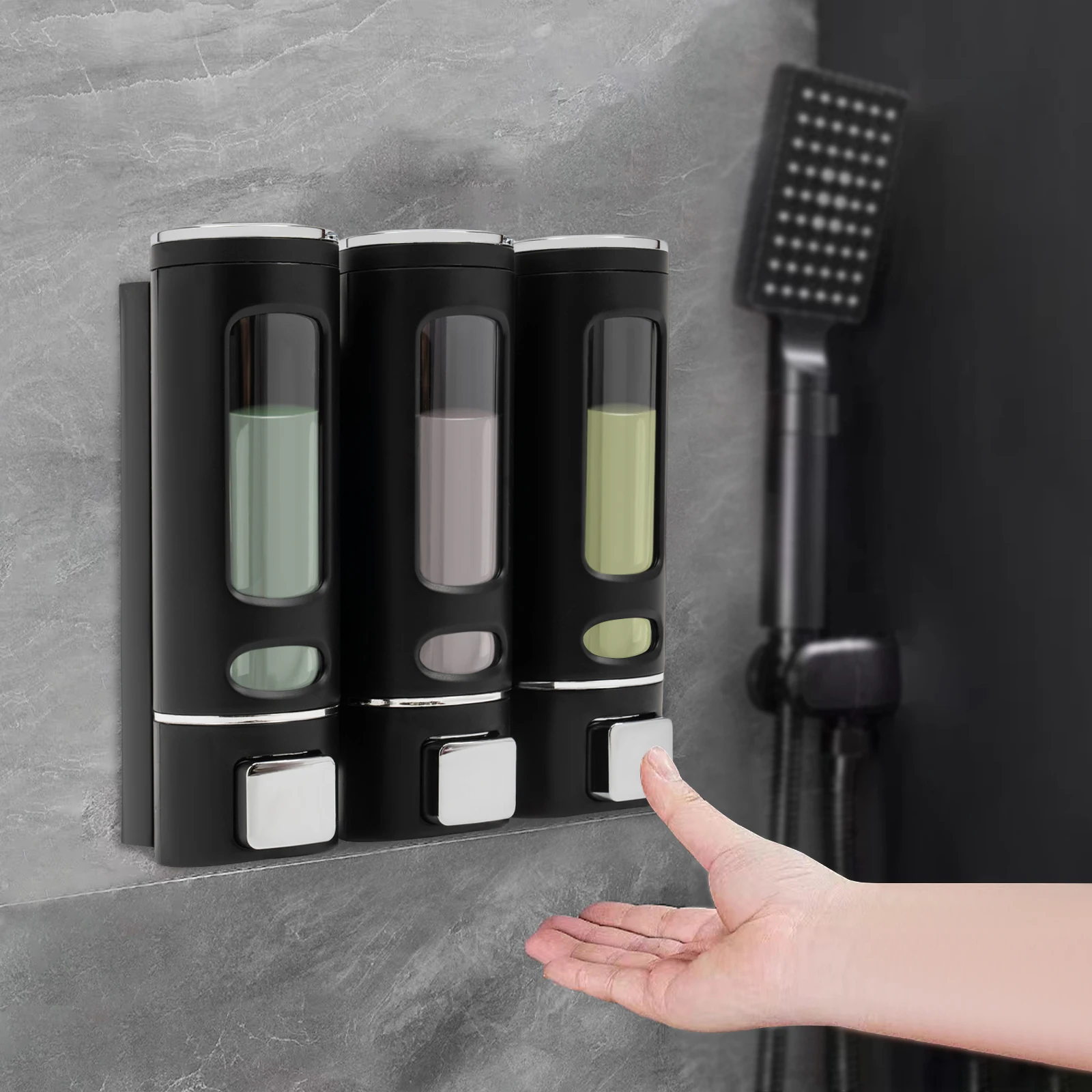 

Black 400ml 3-Chamber Wall-mounted Soap Dispenser, Press Design Visible Window, for Shampoo/Hand Sanitizer/Bathroom/Kitchen