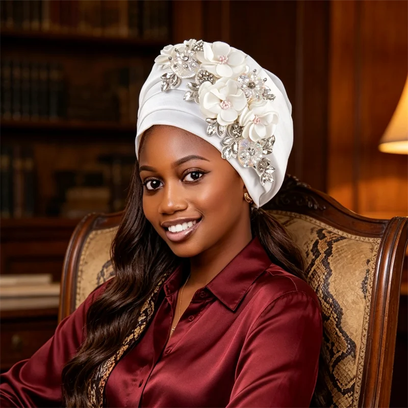 Indian African Women's Turban Cap Nigeria Auto Gele Headtie Already Made Wedding Geles Female Head Wraps with Diamond Flower Hat
