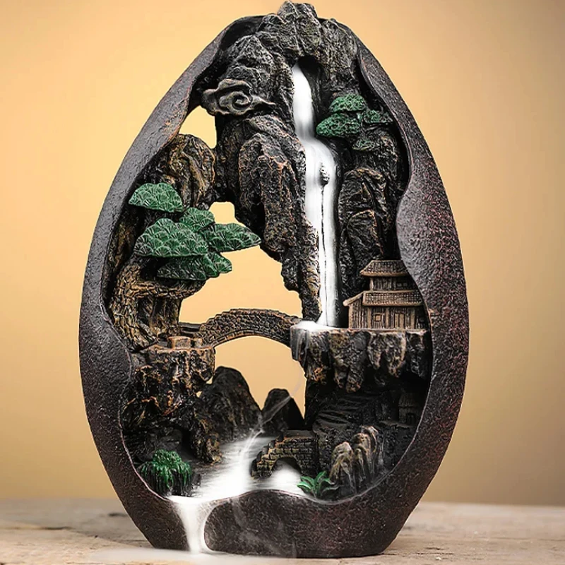 1pc Zen Buddha Resin Ornament Landscape Waterfall Backflow Incense Stove Home Decor Censer Without Incense