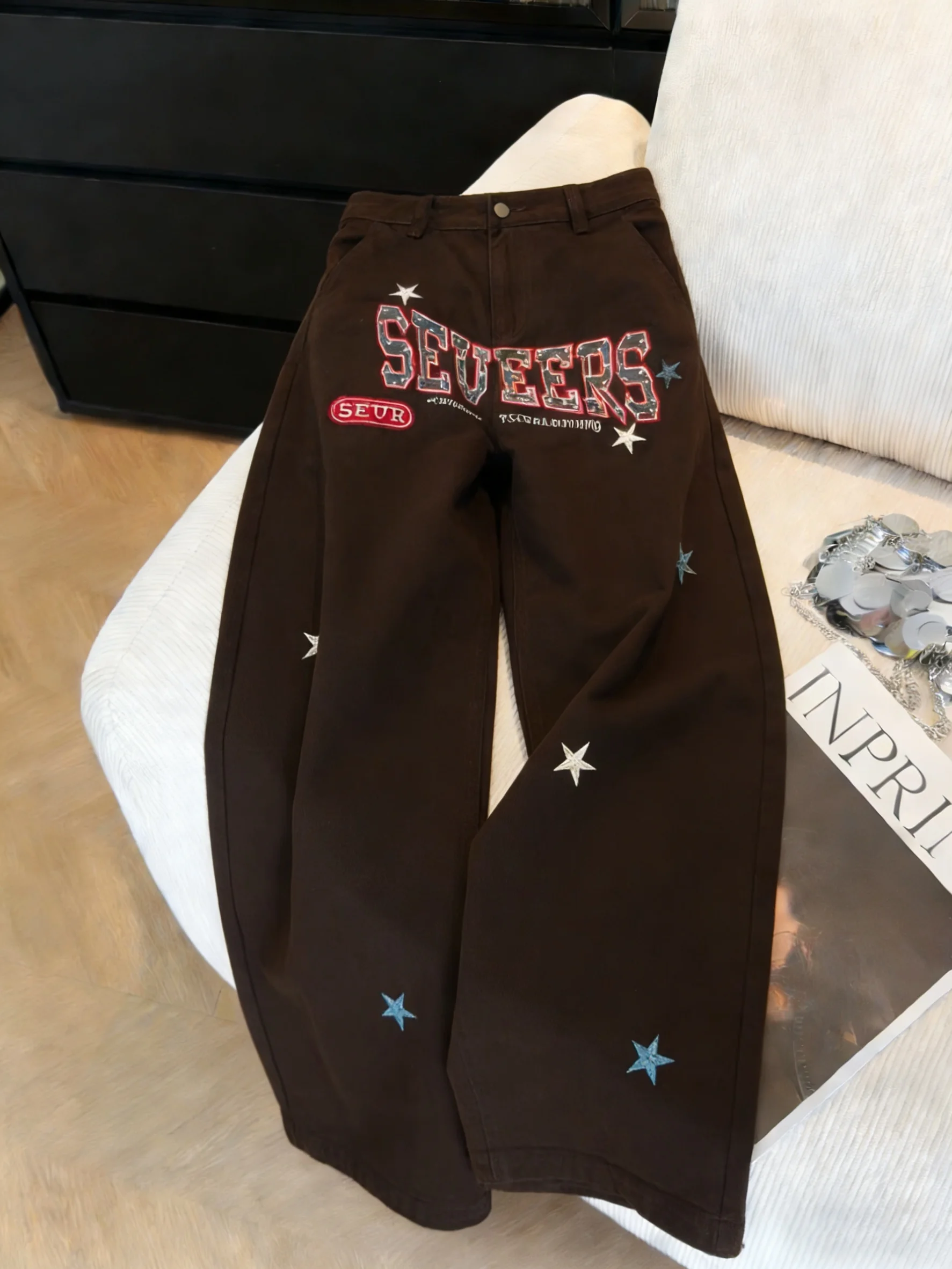 

Retro High Waist Wide Leg Jeans Women's Spring Autumn Faionable Loose Fit Denim Pants Color Blo Letter Print Casual Trousers