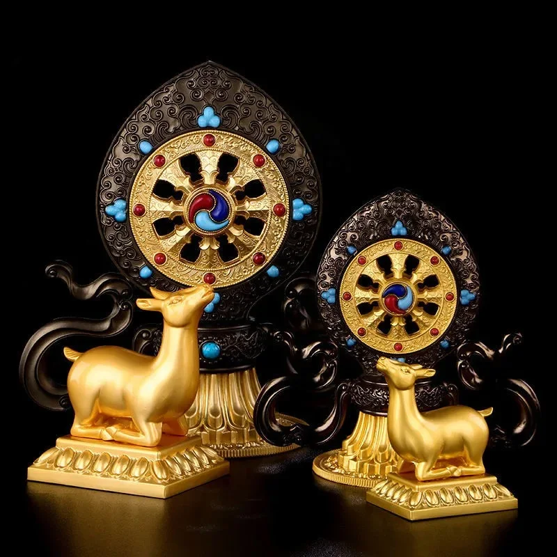 

Golden Buddhist Double Deer Golden Wheel, Tantric Alloy Handicraft, Auspicious Tibetan Tribute Buddhism Gift, Indoor Decorative