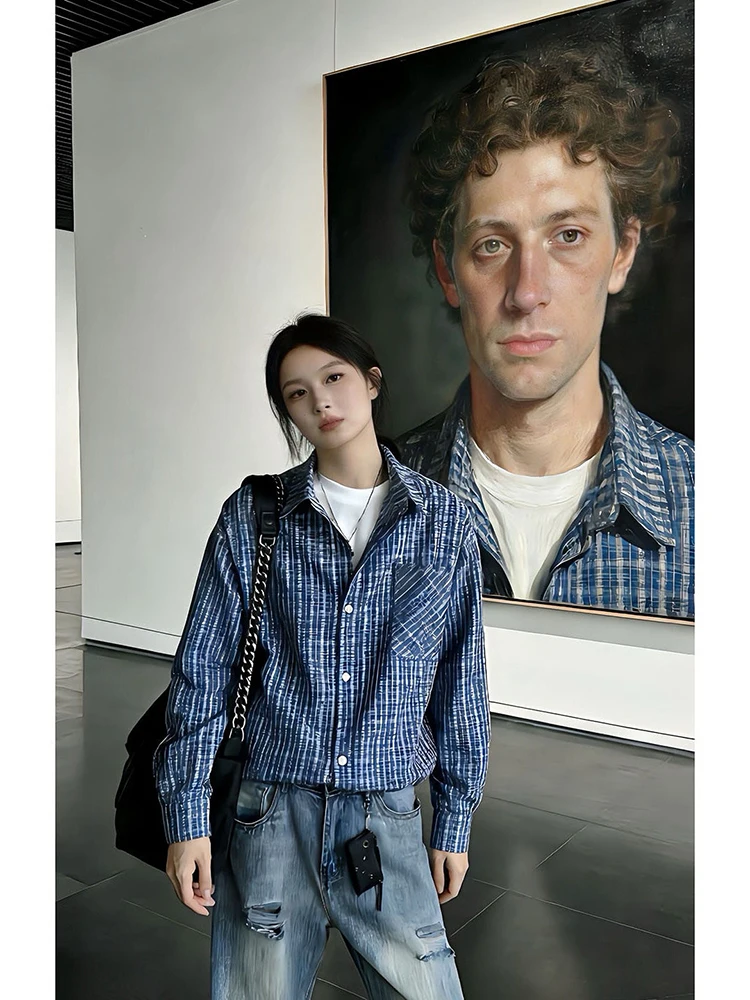 

Deep Blue Plaid Long Sleeve Shirt Men Women Spring Lazy Style Inner Wear Layered American Couple Jacket Loose Fit Casual Shirt