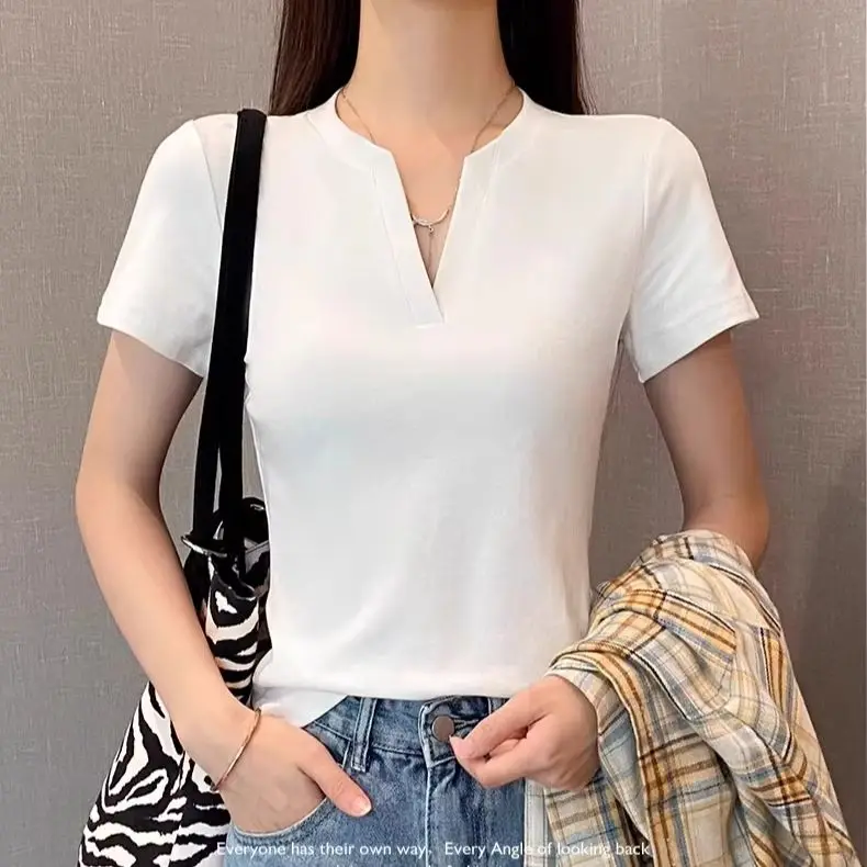 T-shirt Women's Top Neck Bow Embroidered Pleated Waist-cinching Slimming Short-sleeved Women's T-shirt Top Summer