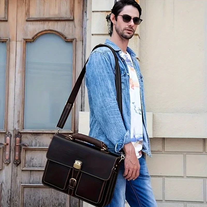 Men's Thick Genuine Cow Leather Business Briefcase, 15" Laptop Tote with Shoulder Strap, Genuine Leather Briefcase