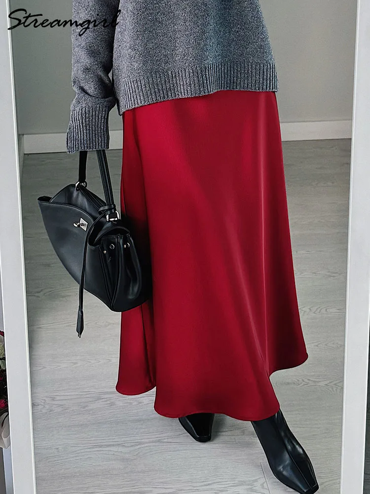 Długie satynowe spódnice damskie ciemnozielone luksusowe wiosenno-letnie maxi proste czarne spódnice długie błyszczące satynowe spódnice maxi brązowe damskie