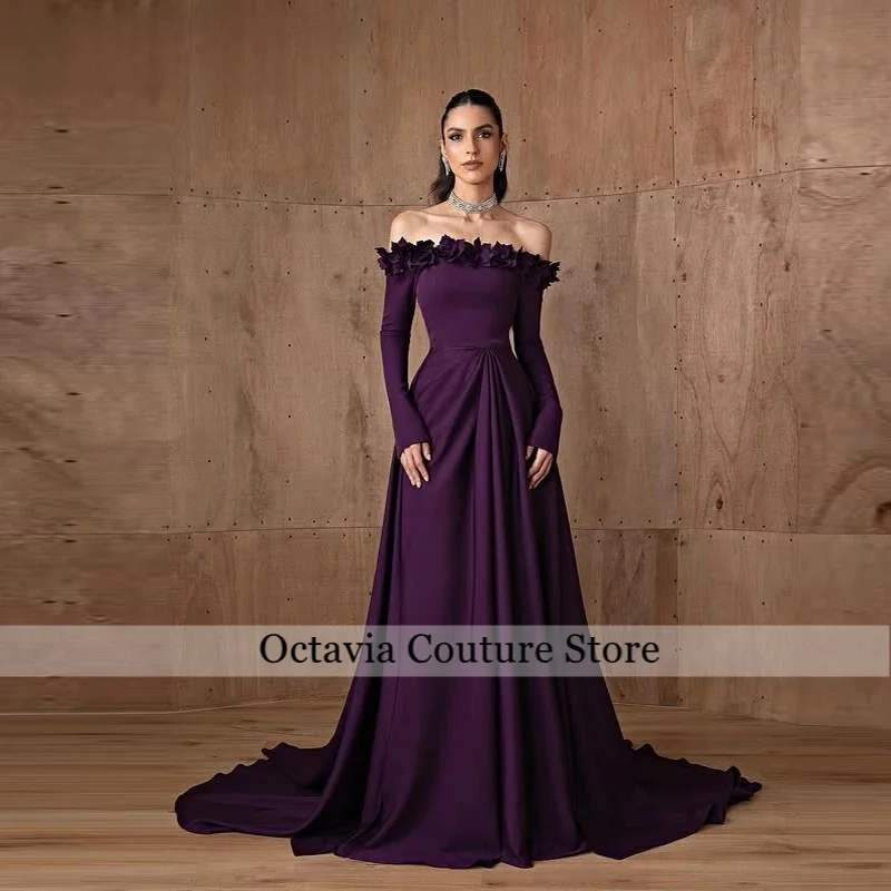 

A-line 3D Flowers Prom Dresses Off Shoulder Dubai Evening Dress Formal Occasion Gown robes de soirée Customized