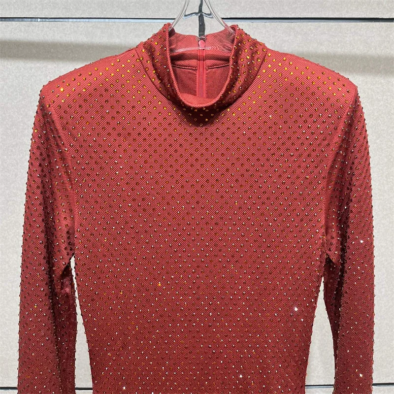 فستان نسائي شتاء 2025 جديد مرن بقصة ضيقة نصف رقبة عالية فساتين طويلة متألقة من حجر الراين فساتين الحفلات فساتين السهرة #3