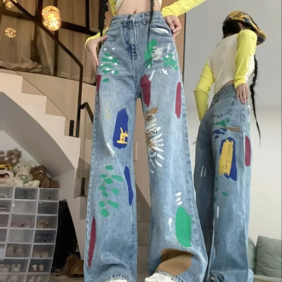 American Retro Cool Painted Ripped Jeans Women'S Autumn Loose High Waist Trousers Straight Leg Versatile Wide Leg Pants