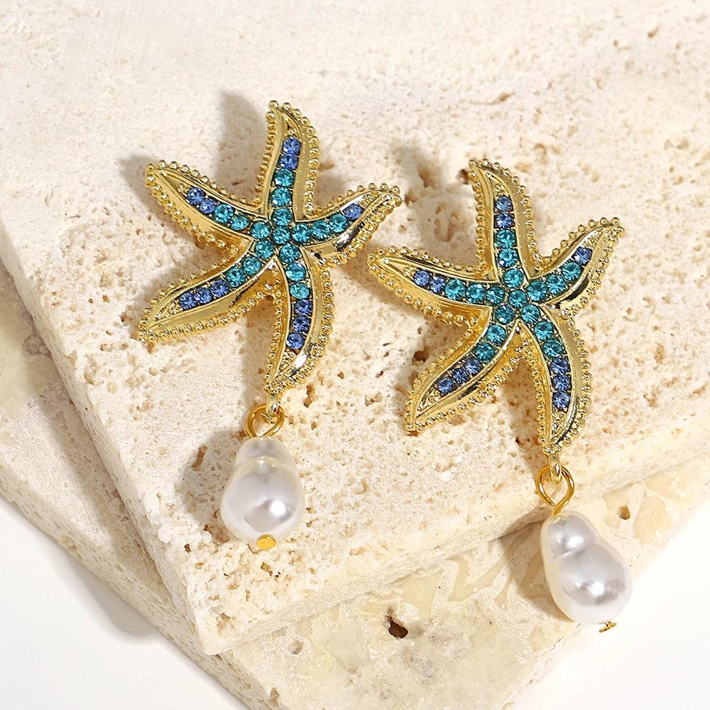 AENSOA Bohemia Star Fish Drop Earrings for Woman Pearl Blue Rhinestone Starfish Dangle Earrings Beach Vacation Holiday Jewelry