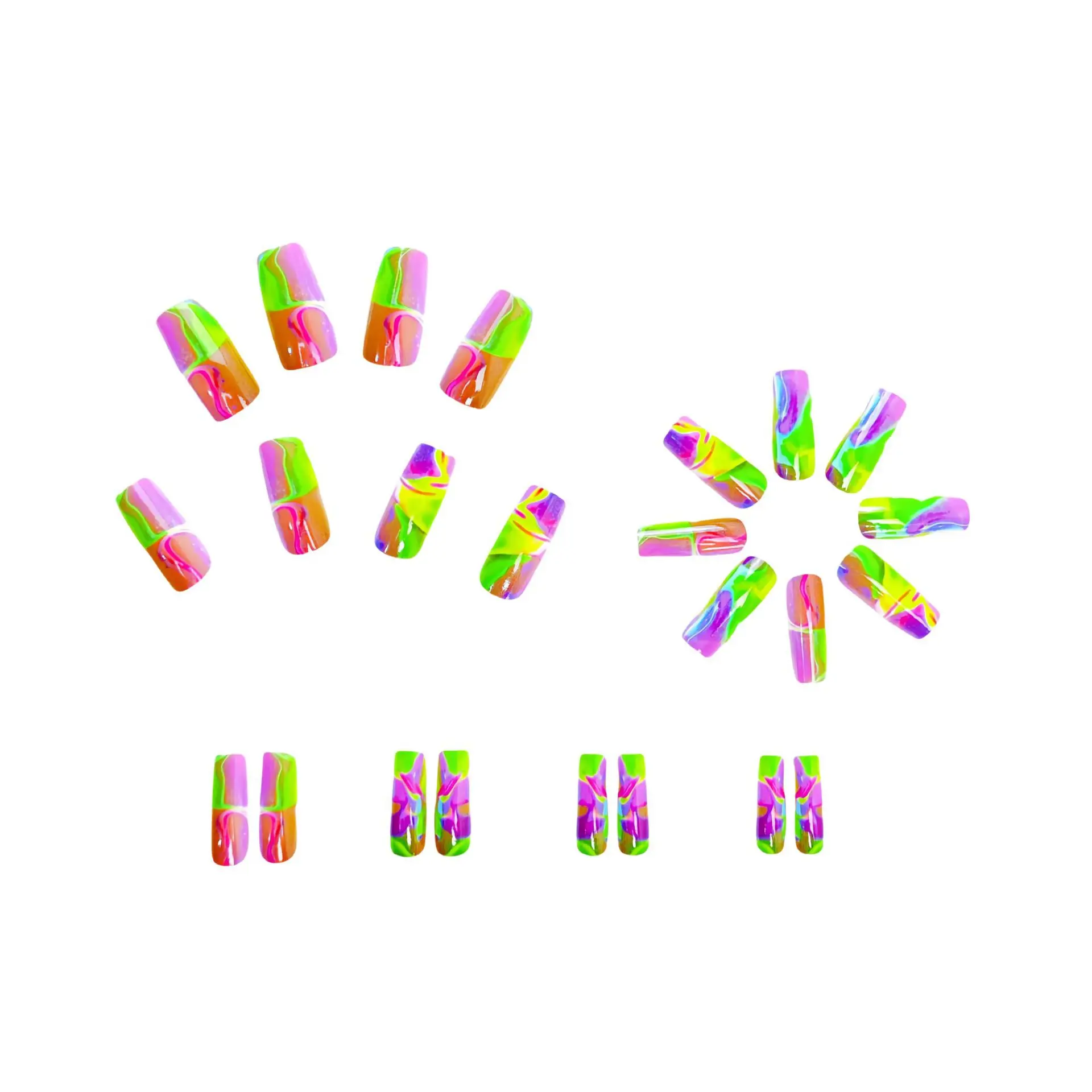 Stampa sulle unghie Unghie finte quadrate medie lucide Glitter Blu Miscelazione Stampa sulle unghie con strisce di fiamma Disegni Unghie artificiali