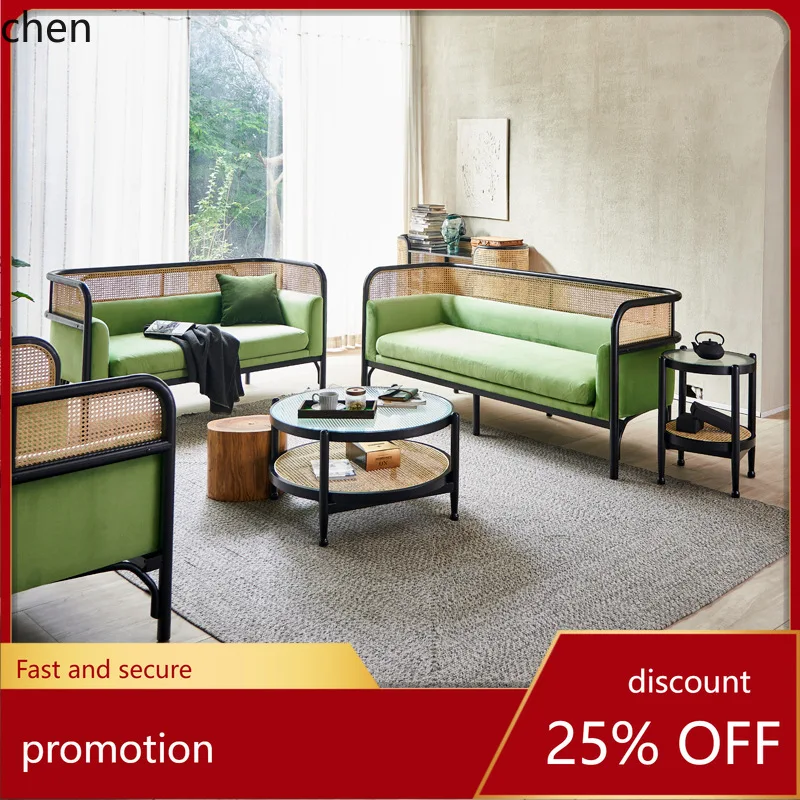 HT Fabric Solid Wood Sofa Modern Simple Living Room Three-Seater Sofa Homestay Rattan Sofa