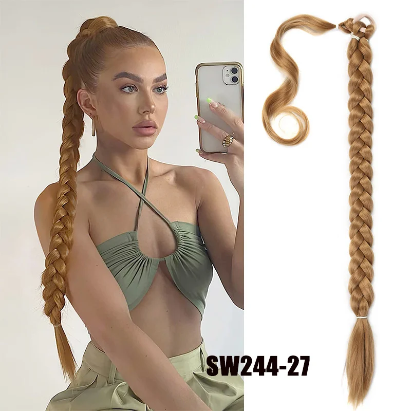 

Women Wig Ponytail Fried Dough Twists Braid Straight Winding Braid Ponytail Hairband 80cm