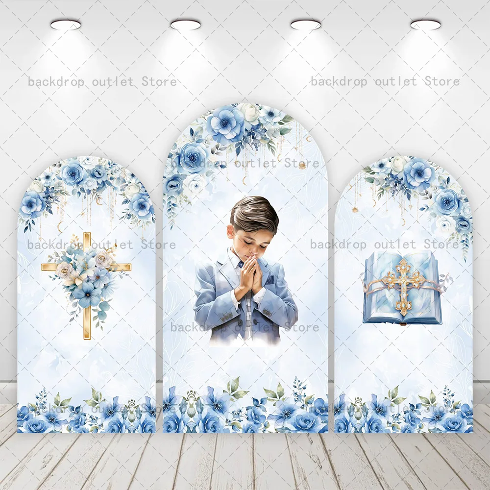 

Mehofond Boy First Holy Communion Arch Cover Backdrop Flowers Gold Cross Baby Shower Party Arched Wall Banner Background