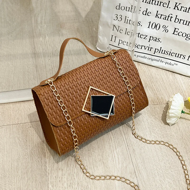 Women\'s Bag Square Block Lock Buckle Single Shoulder Square  Chain Stripe Embossed Casual Simple Handheld Diagonal Straddle Bag