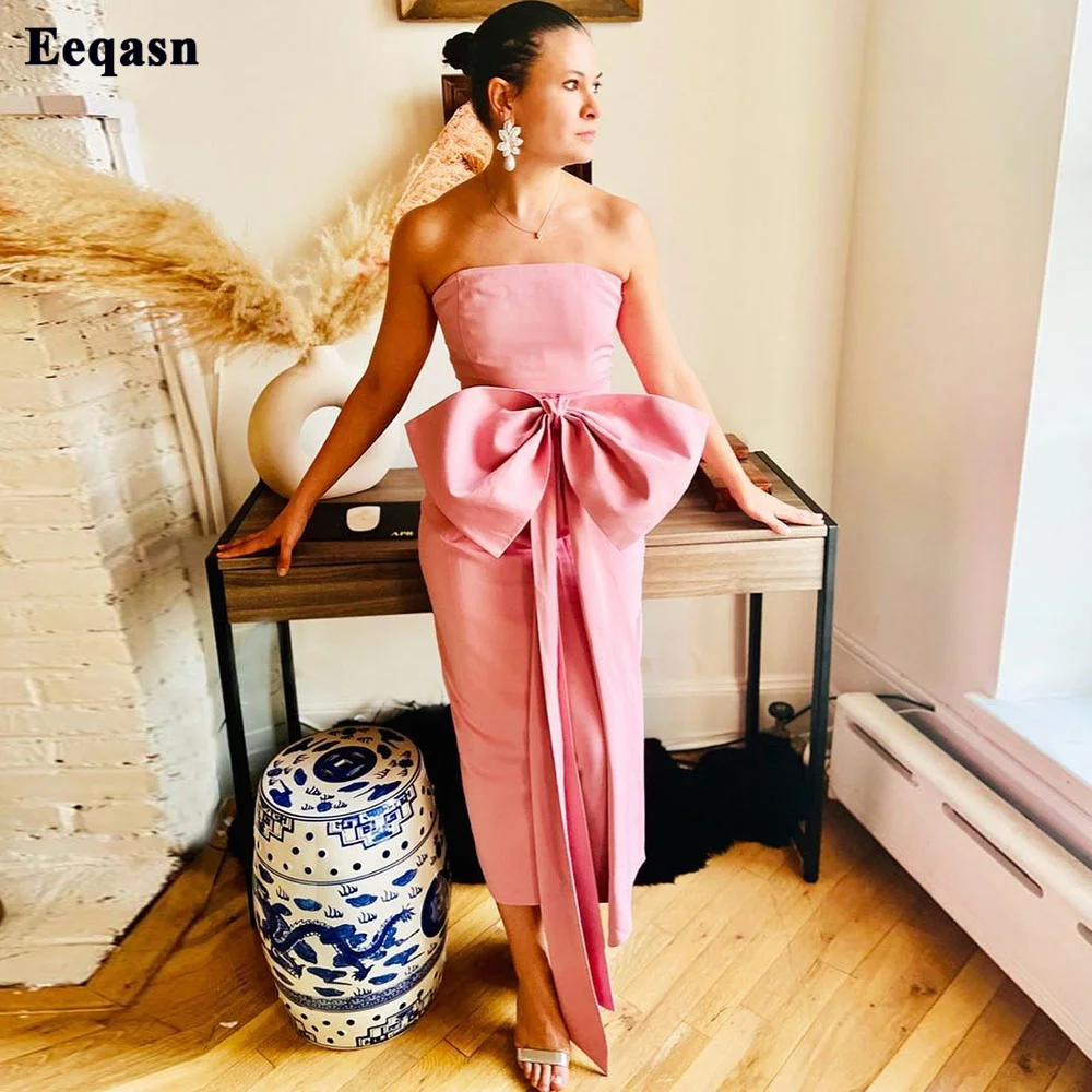 Eeqasn Pink Mermaid Satin Midi Prom Dresses Big Bow Tea-Length Formal Evening Party Gowns Princess Women Wedding Party Gowns