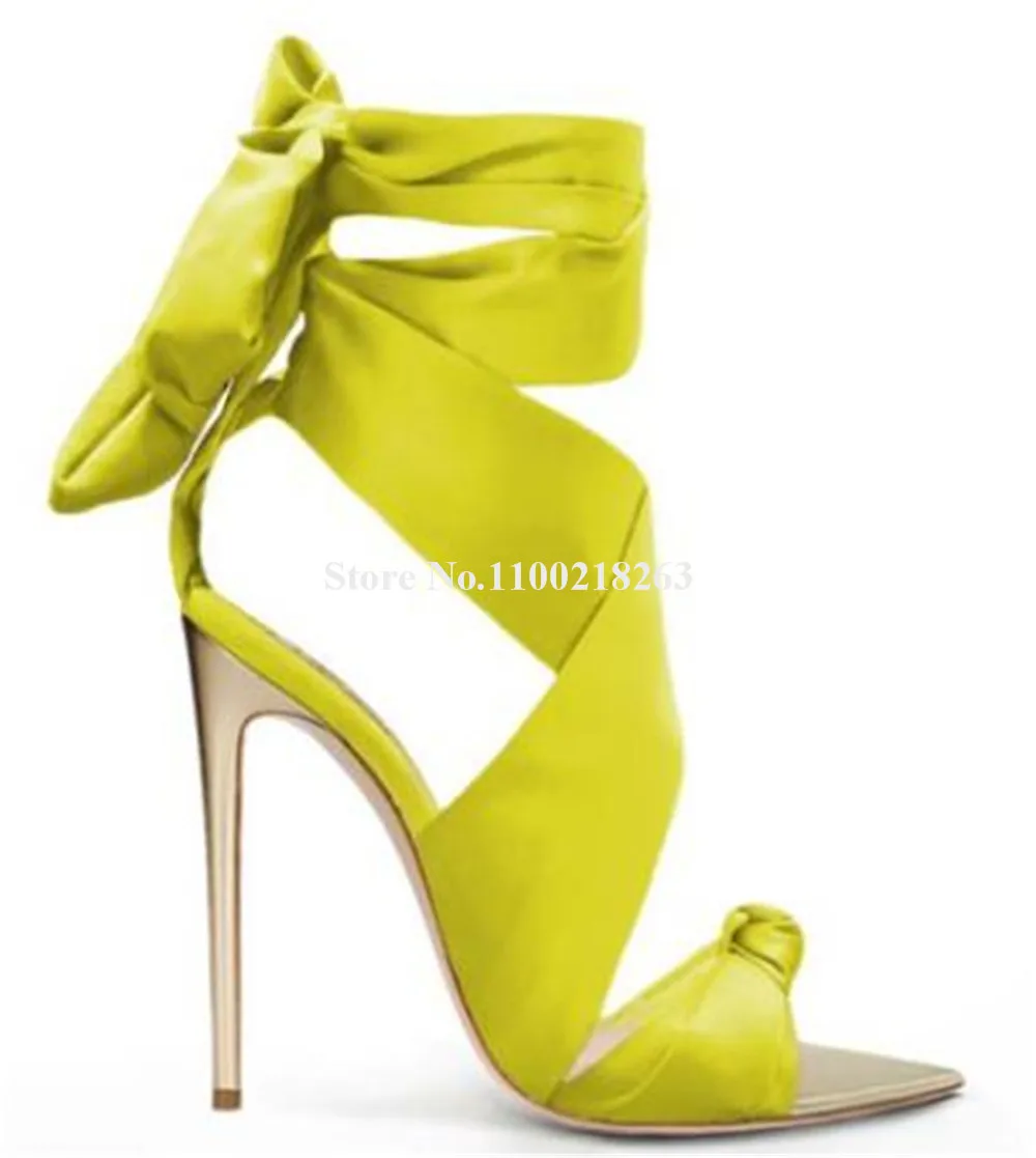 Sexy Pink Green Purple Satin Patchwork Stiletto Heel Sandals Lace-up Bowties Pointed Open Toe Stiletto Heel Ankle Straps Heels