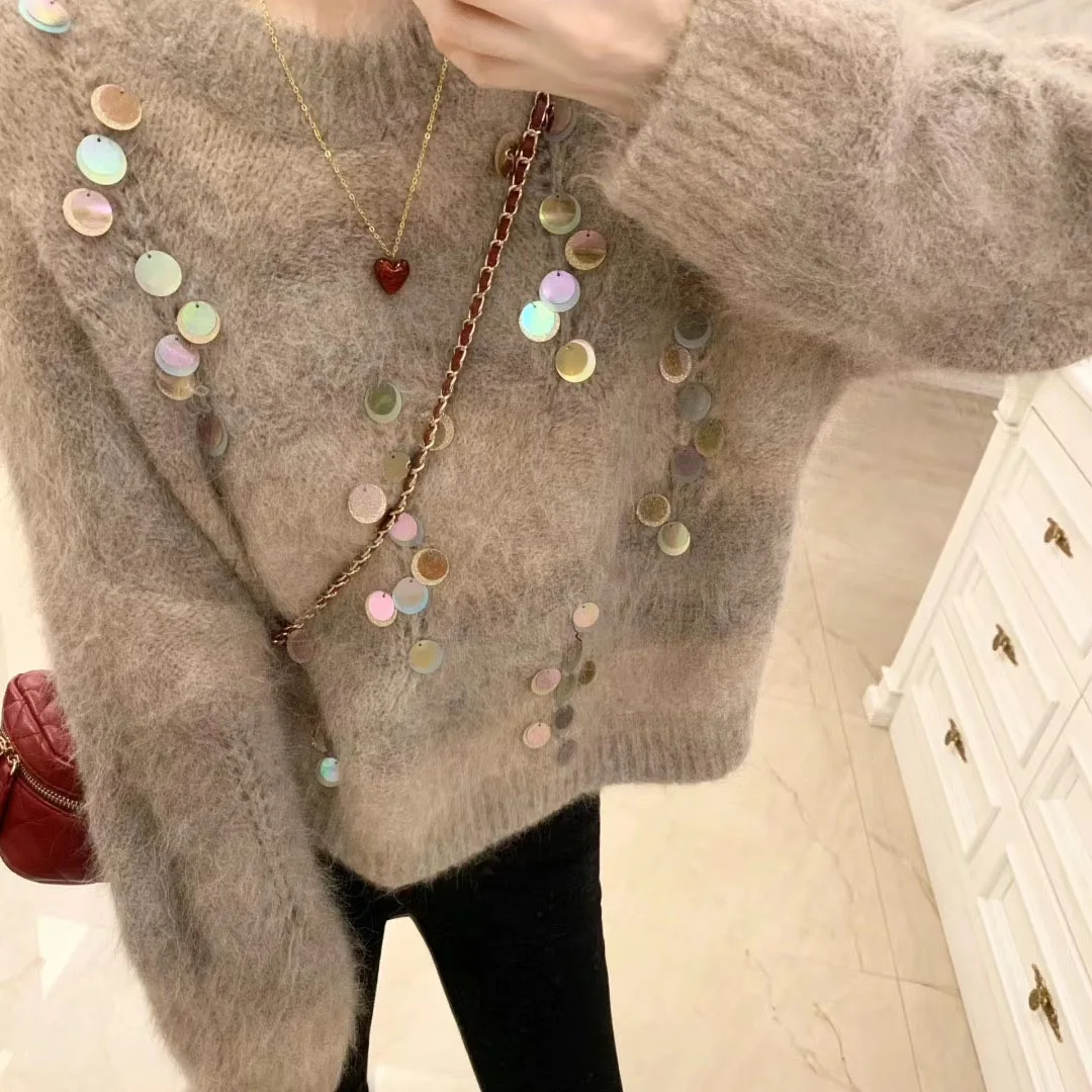 2024 Fashion Autumn Winter Soft Mohair Knitting Loose Pullovers New Sweet Women O Neck Sequins Hollow Out Thick Sweaters Jumper