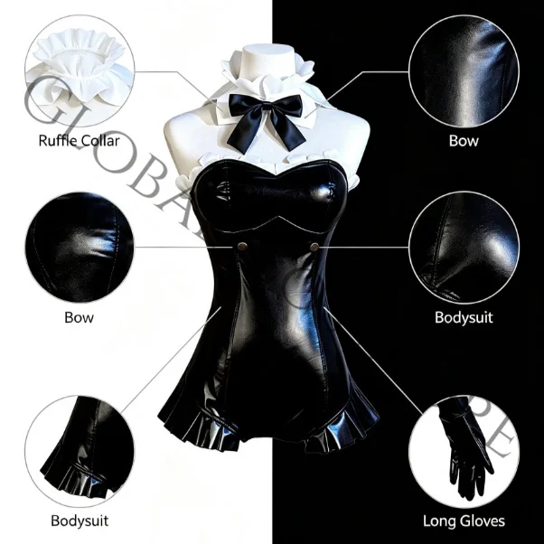 Anime Re:Zero − Life in Another World Rem Cosplay Night Wizard Costume Black White Bunny Girl Latex Bodysuit Gloves Set Women - view 3