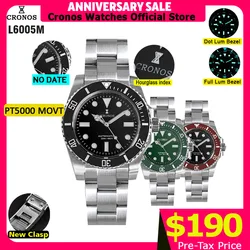 Cronos Sub Diver Men Watch No Date PT5000 Brushed Bracelet Ceramic Bezel 200 meters Water Resistant