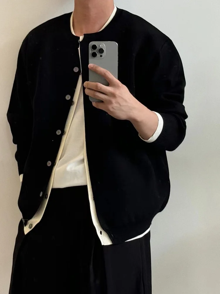 

Стильный вязаный кардиган для мужчин, весна-осень, новый стиль, с длинным рукавом, круглым вырезом, цветным пэчворком, прямого кроя.