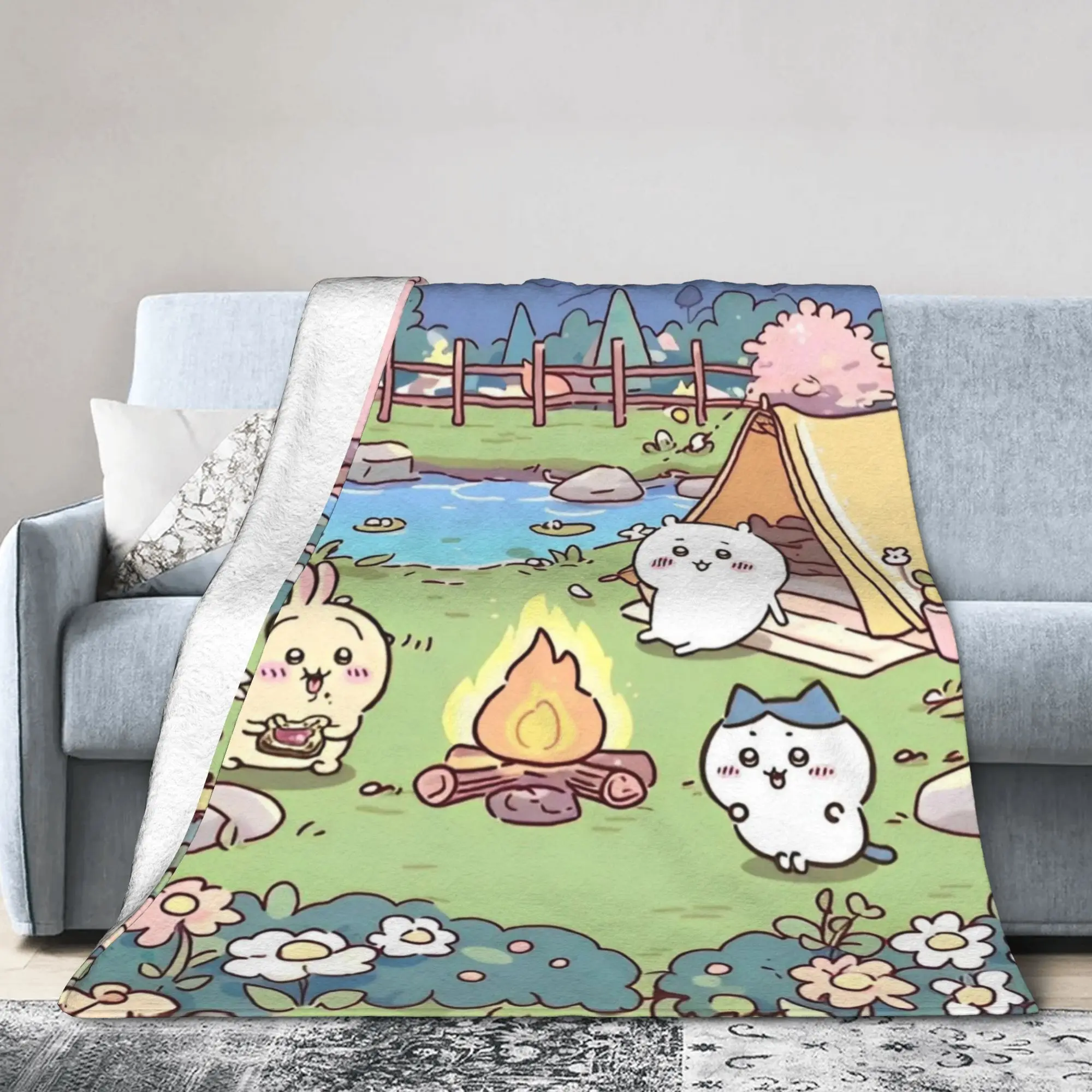 Cute Cartoon Manga Chiikawas Flannel Throw Blankets for Sofa Outdoor Lightweight Thin Bedroom Quilt,
