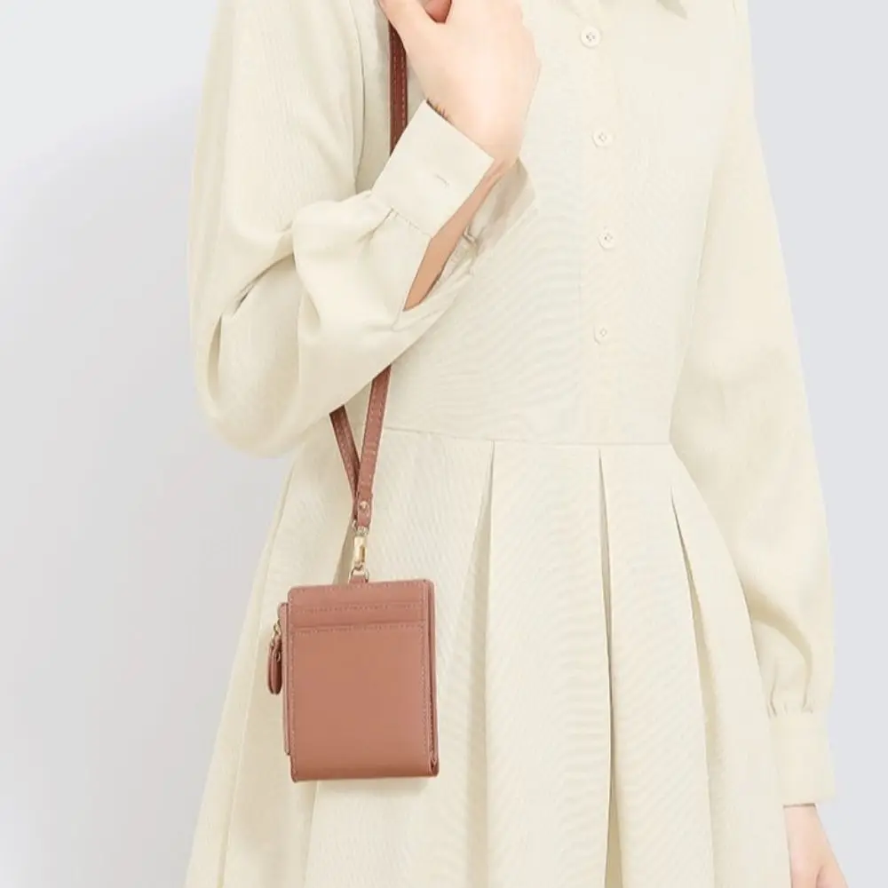 Dompet Tali Leher Gaya Korea Sederhana Dompet Kulit PU Multifungsi Kecil Tas ID Pelajar Kulit Lembut Ringan Wanita