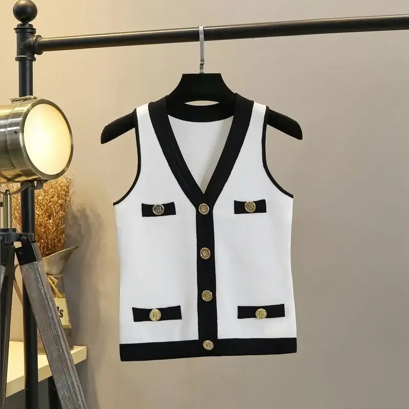 

Женский темпераментный топ без рукавов с v-образным вырезом и пуговицами, тонкий модный винтажный лоскутный вязаный кардиган, женский XT864