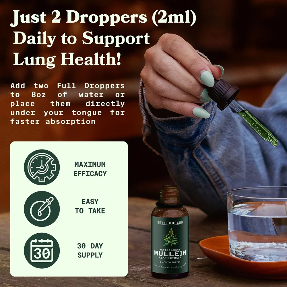 Mullein Drops for Lungs Liquid Mullein Leaf Extract Supplement for Lungs & Bronchial Cleanse for Smokers - Respiratory Health