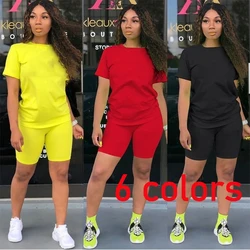 2023 novas Mulheres Duas Peças Conjunto Curto Senhoras Short-Sleeved Romper Verão Roupas Casual Sportswear Biker Shorts