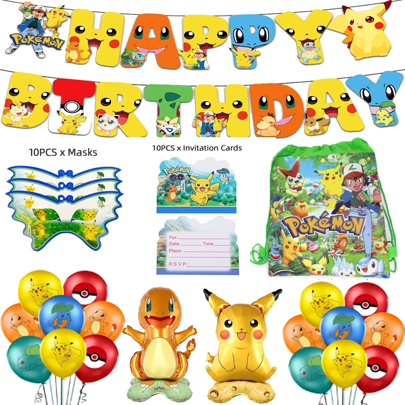 Pokemon dekoracje na imprezę urodzinową przybory dla niemowląt Pikachu folia balon serwetki baner prezent ozdoba na wierzch tortu