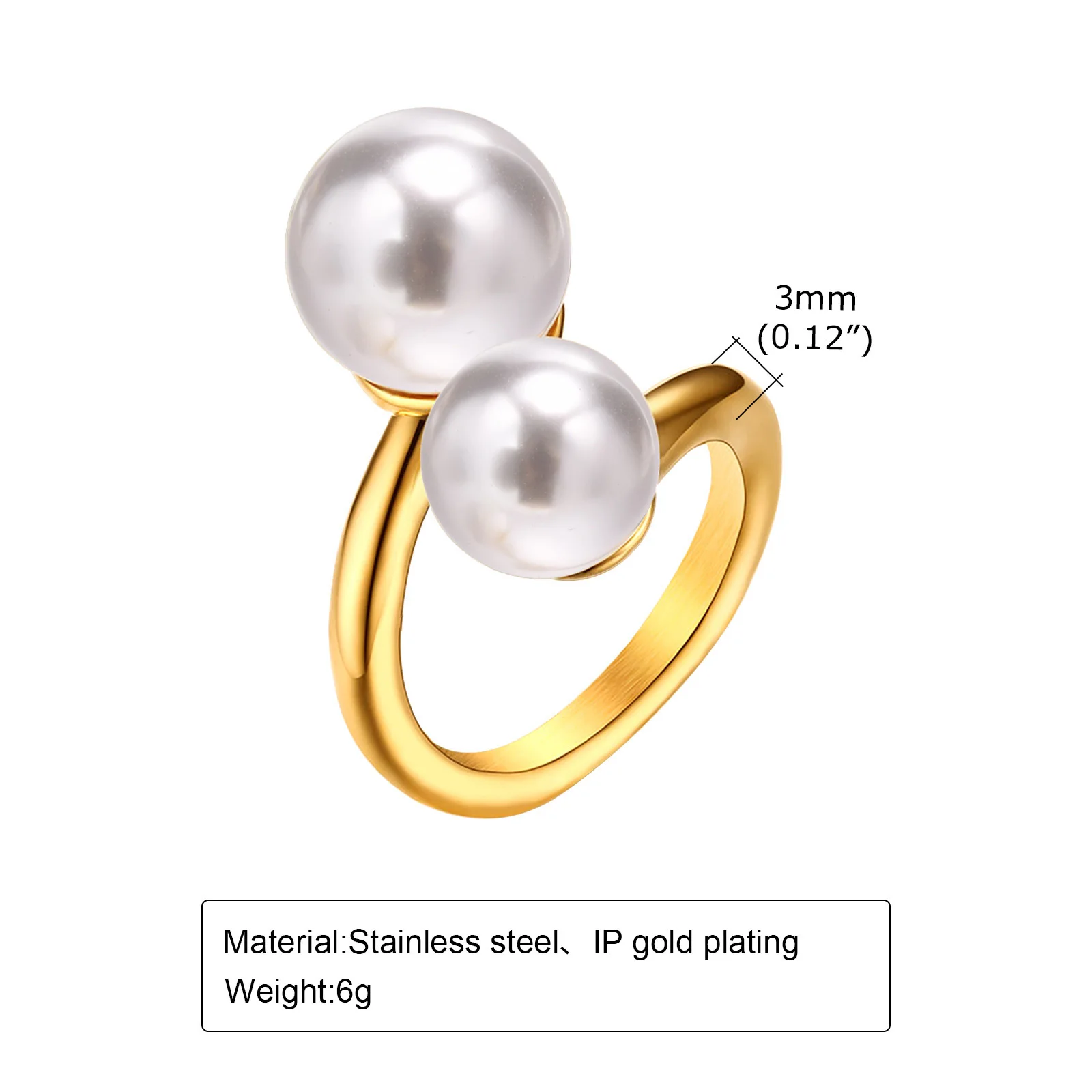 Chic Gold Color Simulated Pearl Ring, Dainty Opening Adjustable Size Stainless Steel Finger Band Rings