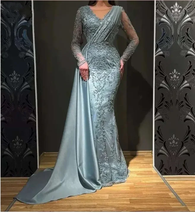 FATAPAESE Mermaid Evening Dress Illusion Neckline Full Sleeve Side Slit Maxi Skirt Special Occasion Gown لباس_ماکسی لباس_شب_ترک