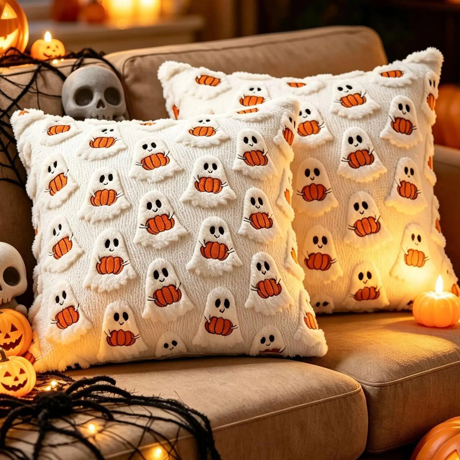2026 Halloween 3D Ghost Throw Pillow Cover Set 2Pcs/set 45x45CM Holiday Pillowcases  with Zipper for Home Outdoor Room