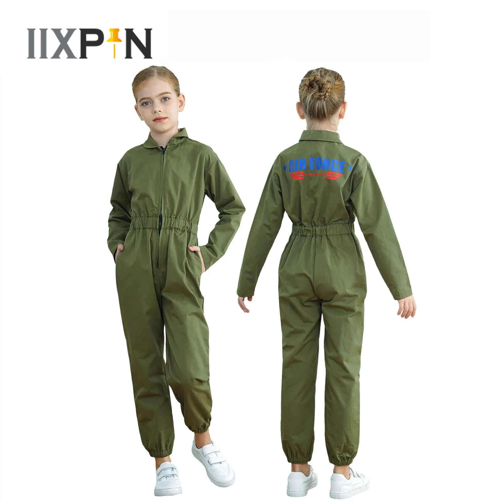 

Kid Fighter Pilot Costume Air Force Aviator Flight Suit Roleplay One Piece Long Sleeve Jumpsuit Overall for Halloween Green