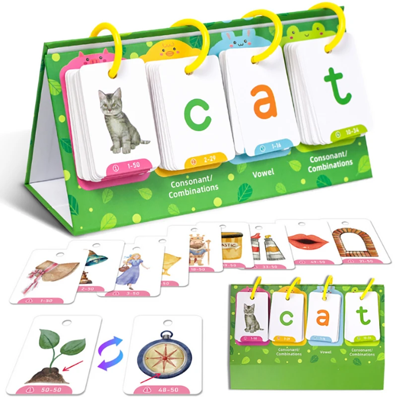 Herramienta de aprendizaje de palabras visuales Chart Word Builder, herramienta de aprendizaje para terapia del habla, educación especial, tarjetas de memoria de palabras CVC para niños, fonética, Flip