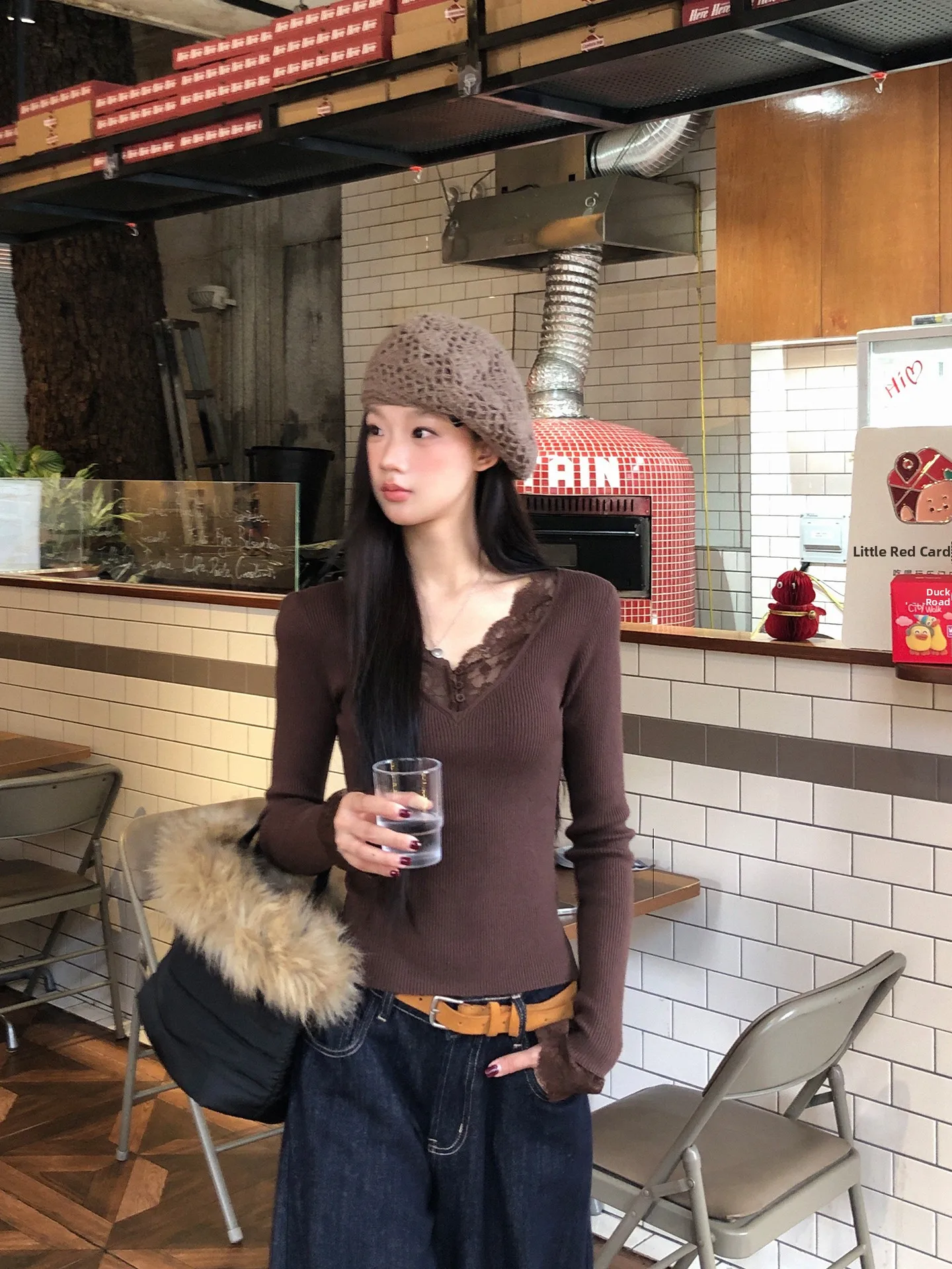 

Red Celebri Knitwear Women's Winter Lace Trim V-Ne Slim Fit Inner Wear Casual High-End Sle Long Sve Faion Top