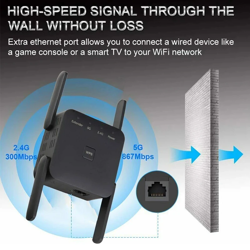 5G 와이파이 리피터 와이파이 앰프 신호 와이파이 익스텐더 듀얼 밴드 네트워크 1200Mbps 5 Ghz 장거리 리피터, 장거리 네트워크 리피터 WiFi 익스텐더