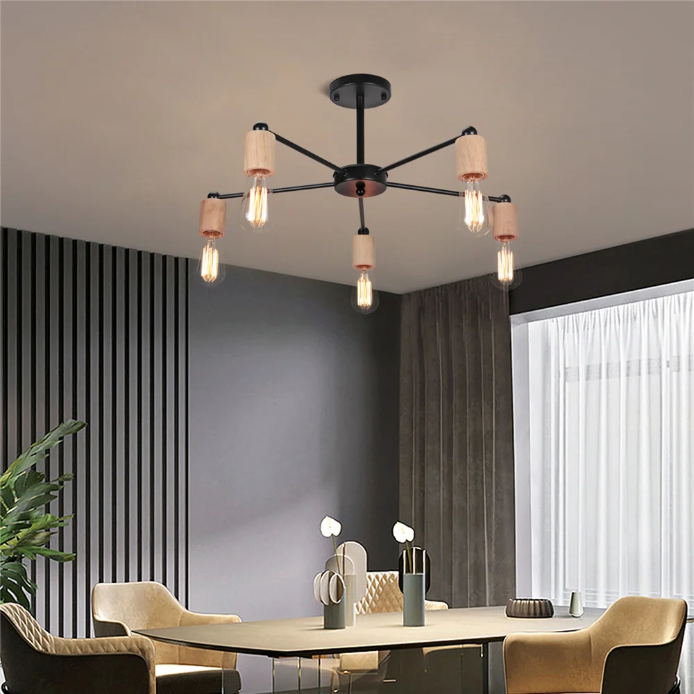 Modern Nordic Loft Chandelier Wood Metal Vintage Ceiling Lamps E27 3/5 Lights Lustre for Bedroom Living Rom Home Lighting