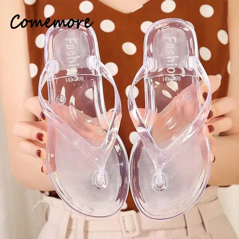 Comemore Solid Fashion Flat Non-Slip Slippers Beach Flip Flops Women Thong Sandals Summer Jelly Shoes Girls Transparent Slides