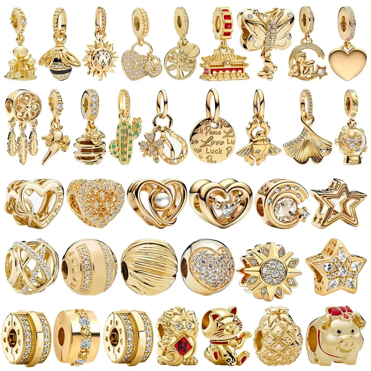 

Original 925 Silver Plated Gold Color Animal Star Heart Beaded Pendant Charms for Necklace DIY Bracelet Ladies Jewelry Gift