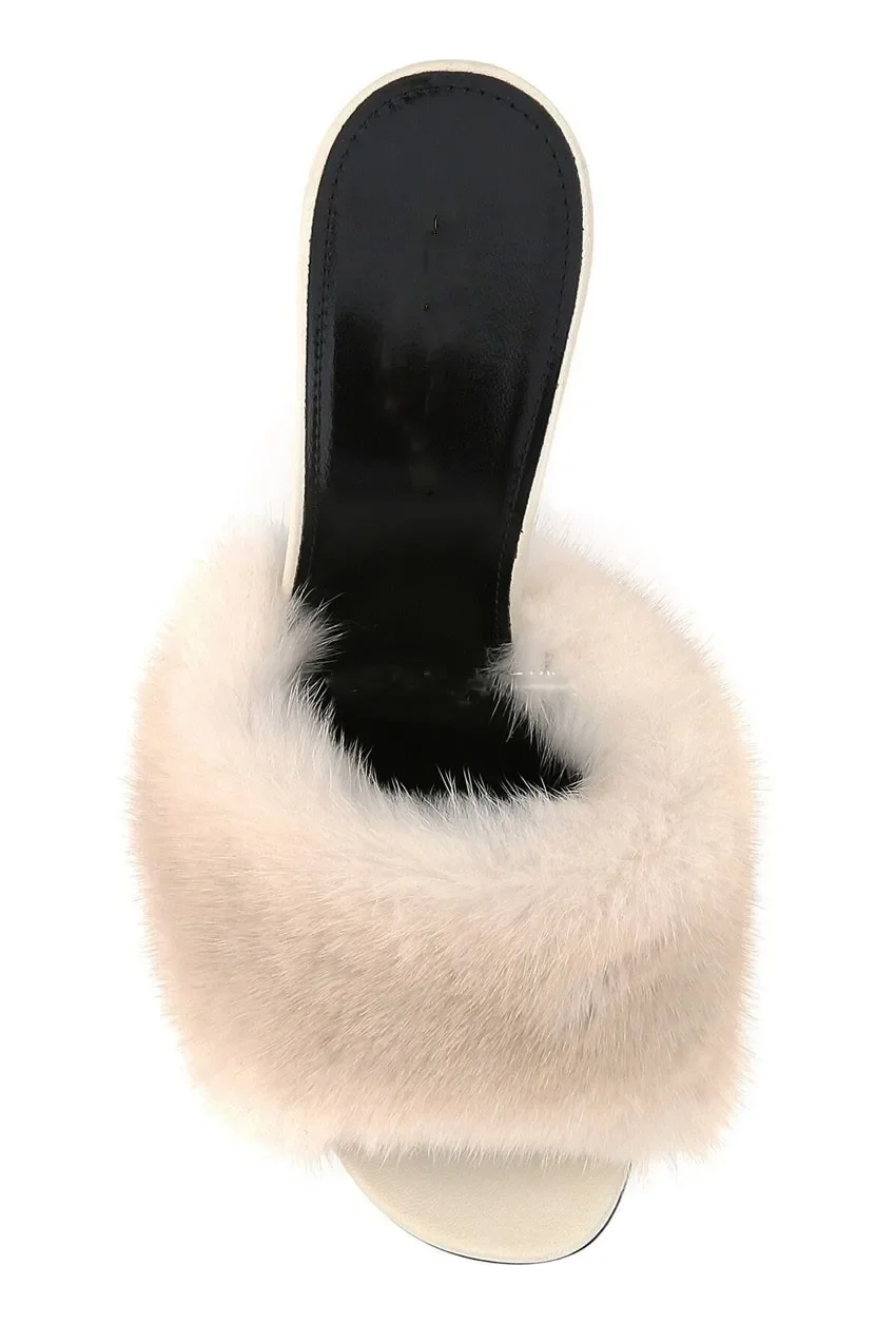 Mink fur high heels, women's slim heels, European and American summer new open toe sexy fish mouth banquet slippers