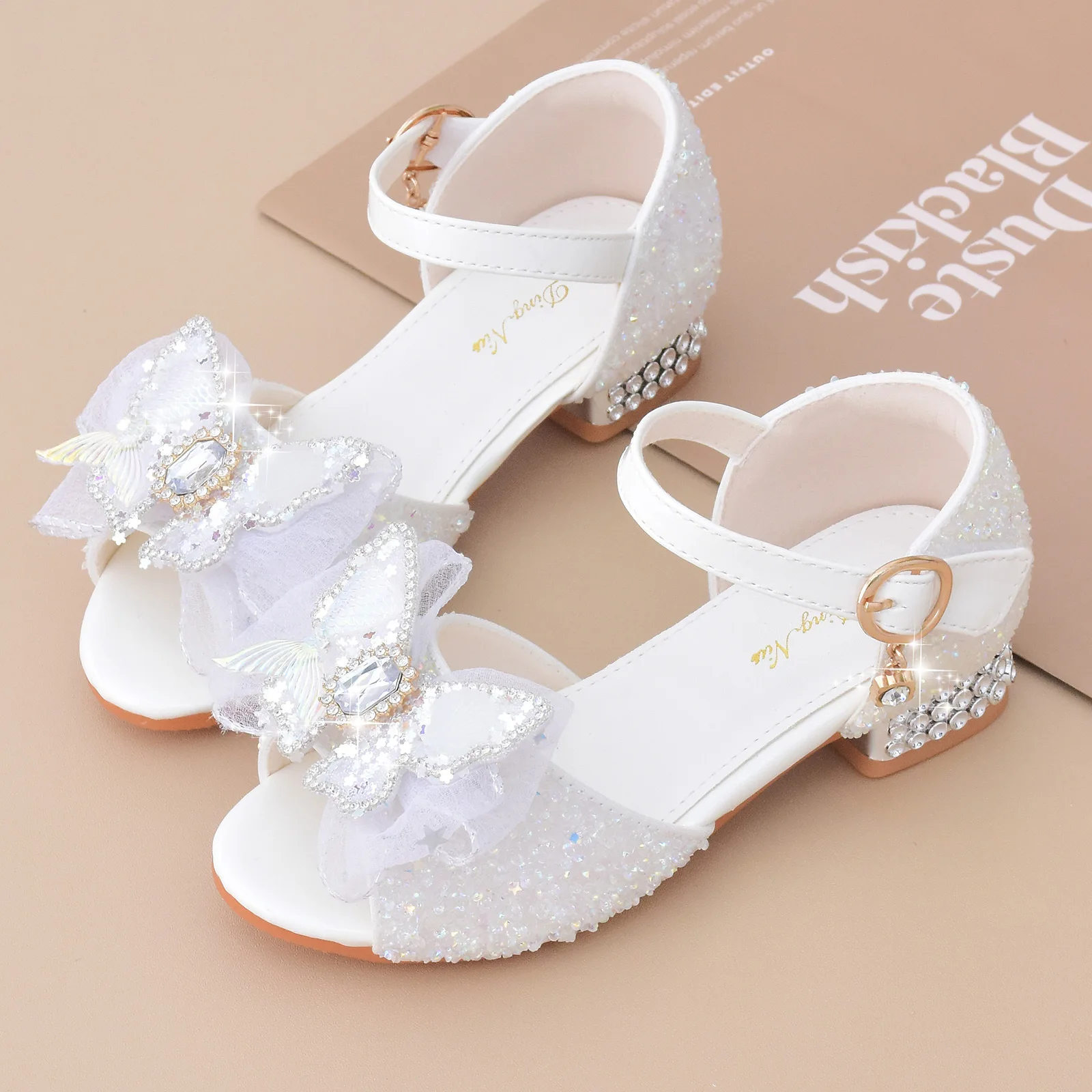 Princess Girls Party Dress Shoes Colorful Sequins Children High Heels Soft Soles Girls Peep Toe Sandals Summer Kids Dance Pumps