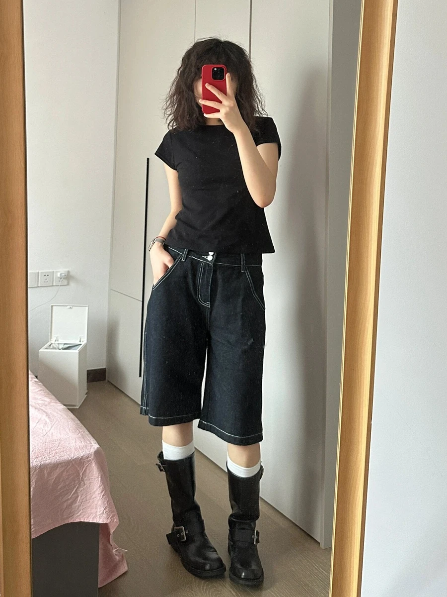 

High Waist Wide Leg Denim Shorts Women's Summer Casual Loose Slimming Straight Cut Mid-Thigh Trendy Jeans High Street Style