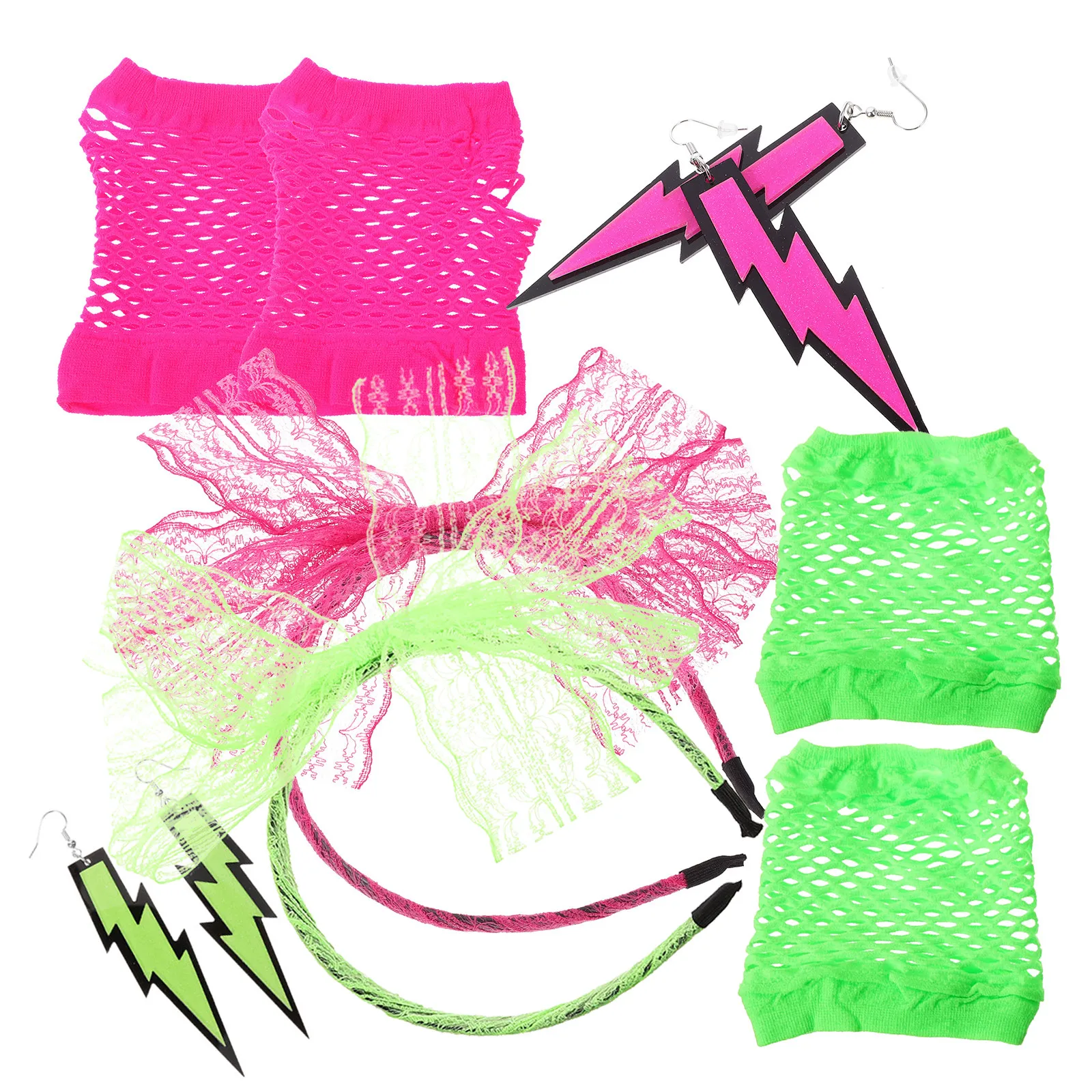 

2 комплекта винтажных аксессуаров для костюмов 80-х: кружевная повязка на голову, неоновые серьги, перчатки-сетка без пальцев, комплект кружевных перчаток для выпускного вечера/вечеринки