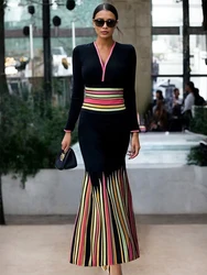 Gymystars Dresses Woman 2026 Skinny Maxi Dresses Fashion V-Neck Contrast Color Striped Long Sleeves Spring Autumn Female Robe
