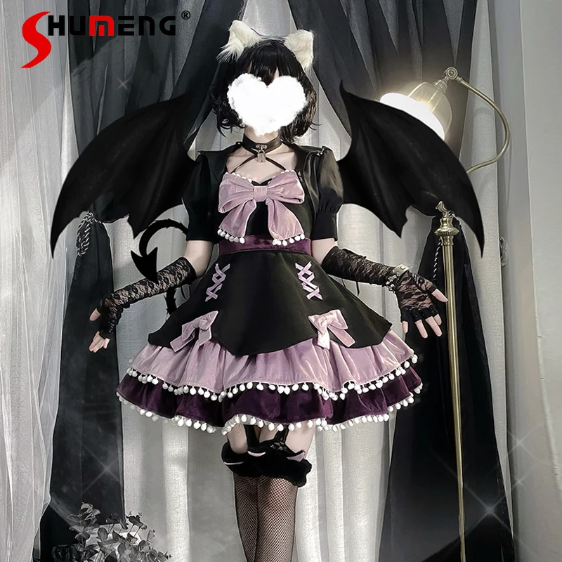 

Original Design Gothic Halloween Lolita Suspender Dress Female Spring and Autumn High Waist Slim Bow Sweet Cute Dress White Tops